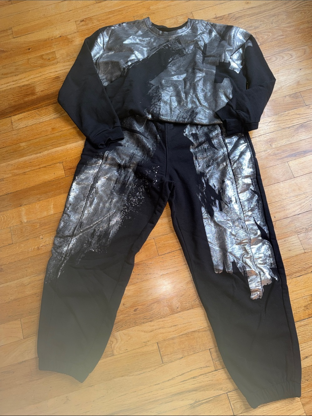 Zara Black Sweatsuit with Silver Metallic Paint-Splash